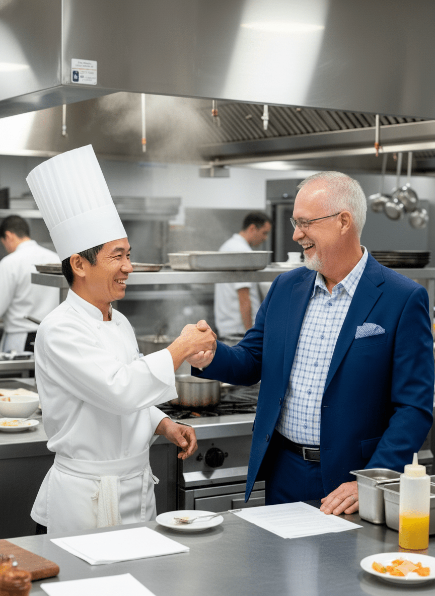 Jim Pate with a restaurant chef — 40+ years in the industry